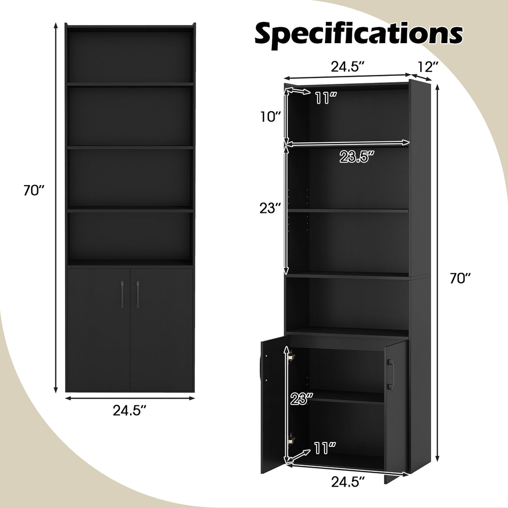 70 Inch Bookcase 6-Tier with Adjustable Shelves and 2-Door Cabinet