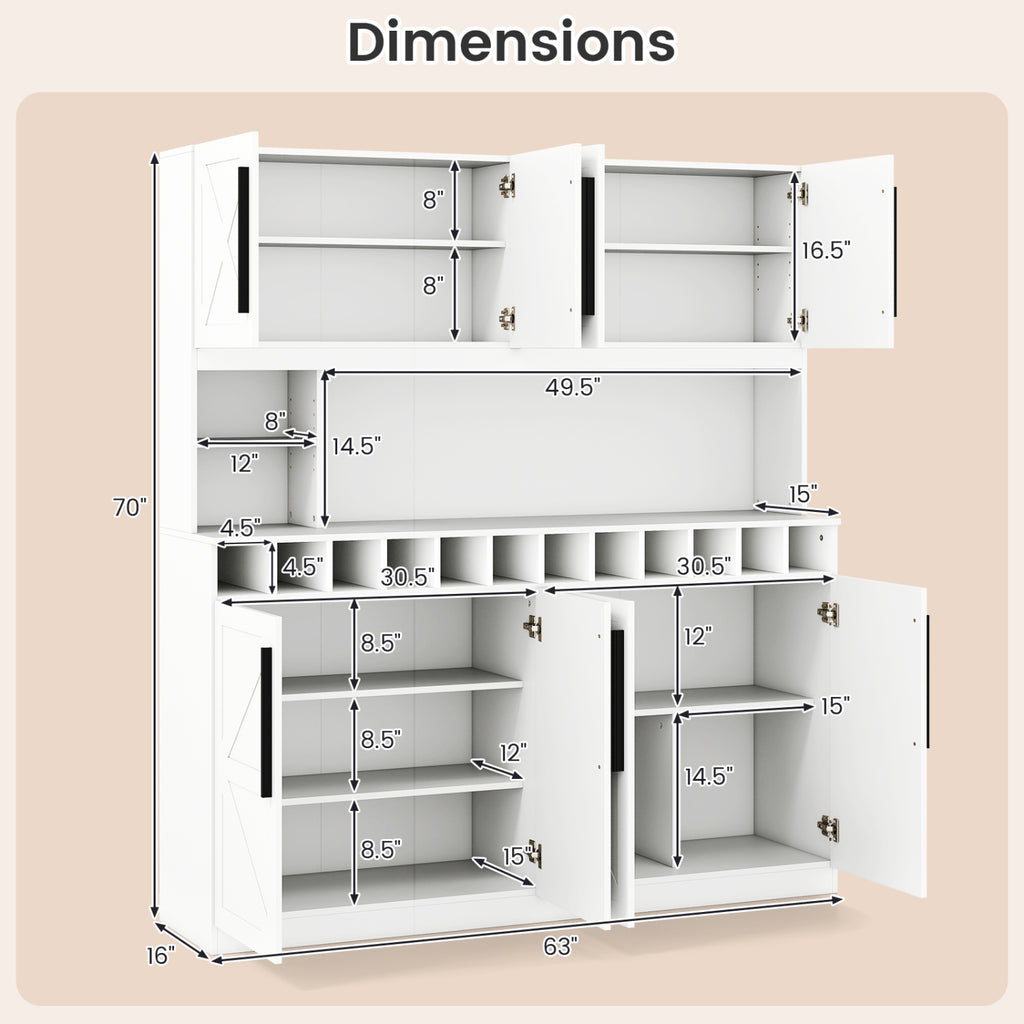 70" Farmhouse Kitchen Pantry Cabinet Hutch with Wine Rack - White