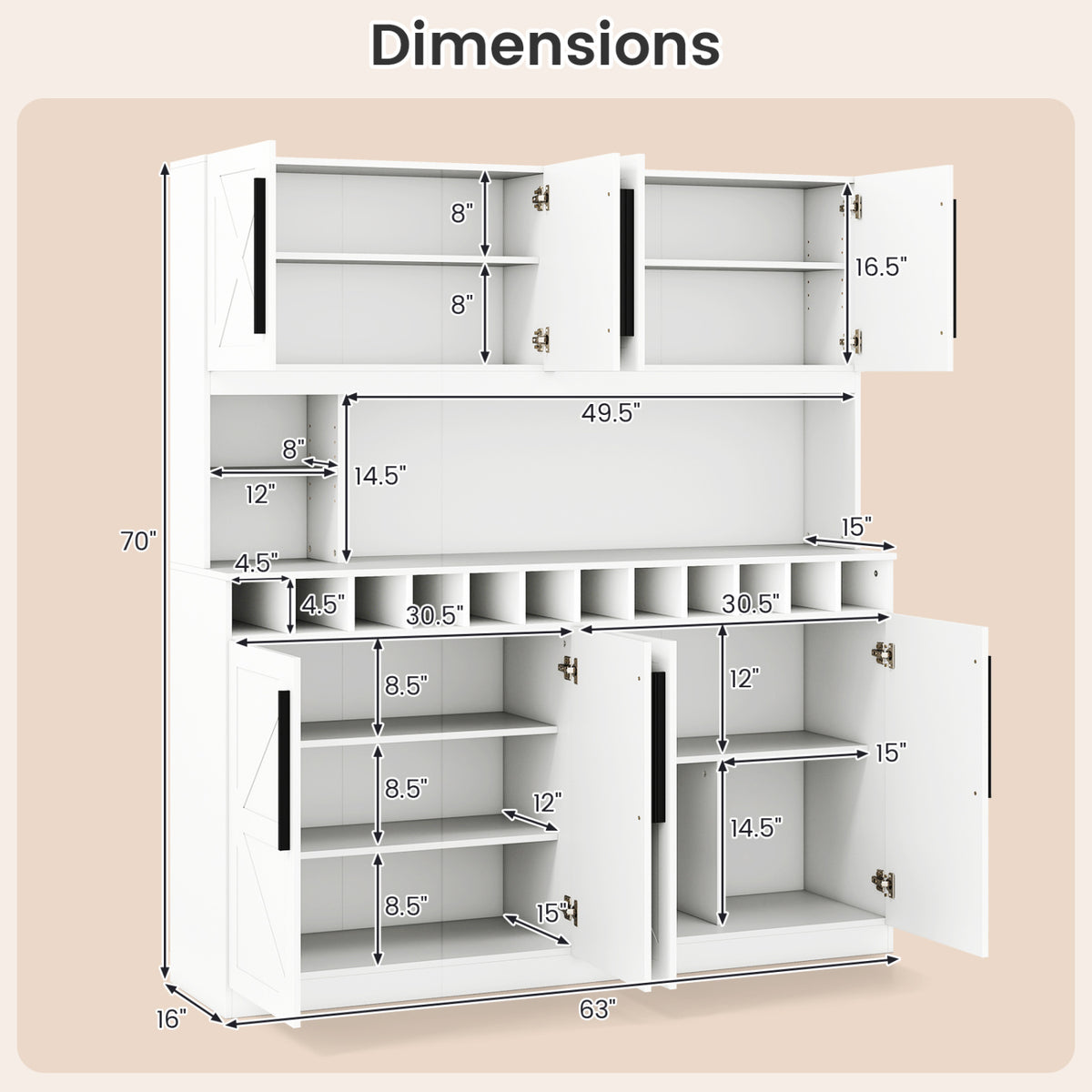 70" Farmhouse Kitchen Pantry Cabinet Hutch with Wine Rack - White