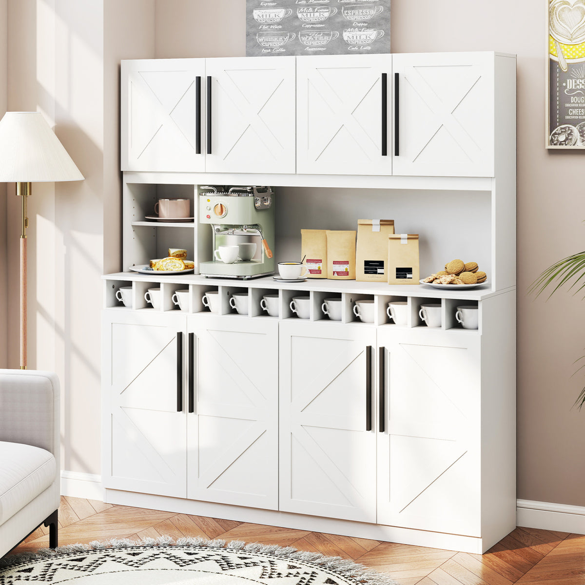 70" Farmhouse Kitchen Pantry Cabinet Hutch with Wine Rack - White