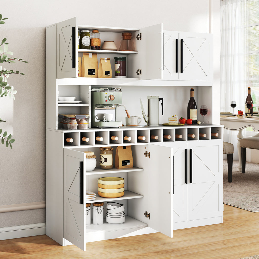 70" Farmhouse Kitchen Pantry Cabinet Hutch with Wine Rack - White