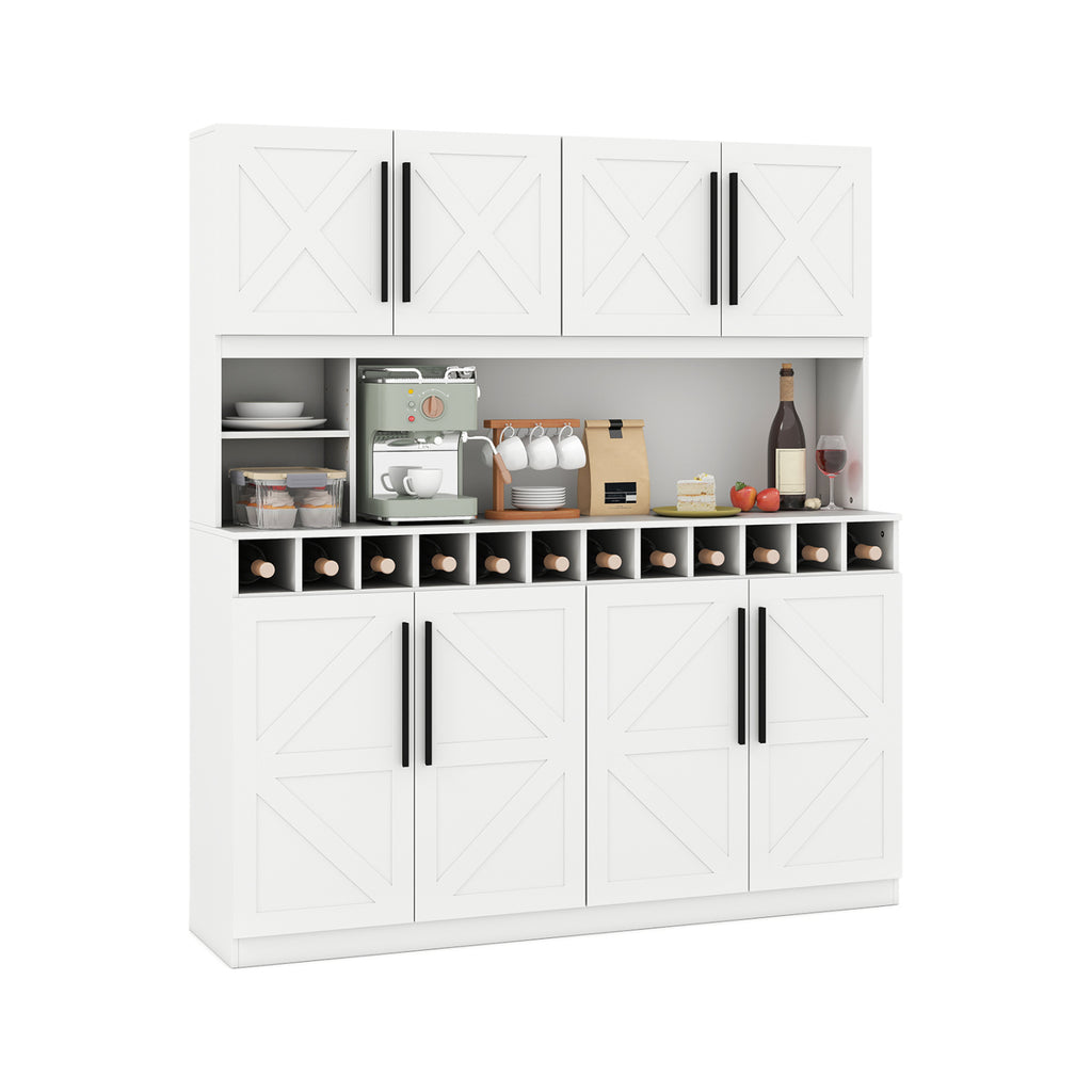 70" Farmhouse Kitchen Pantry Cabinet Hutch with Wine Rack - White