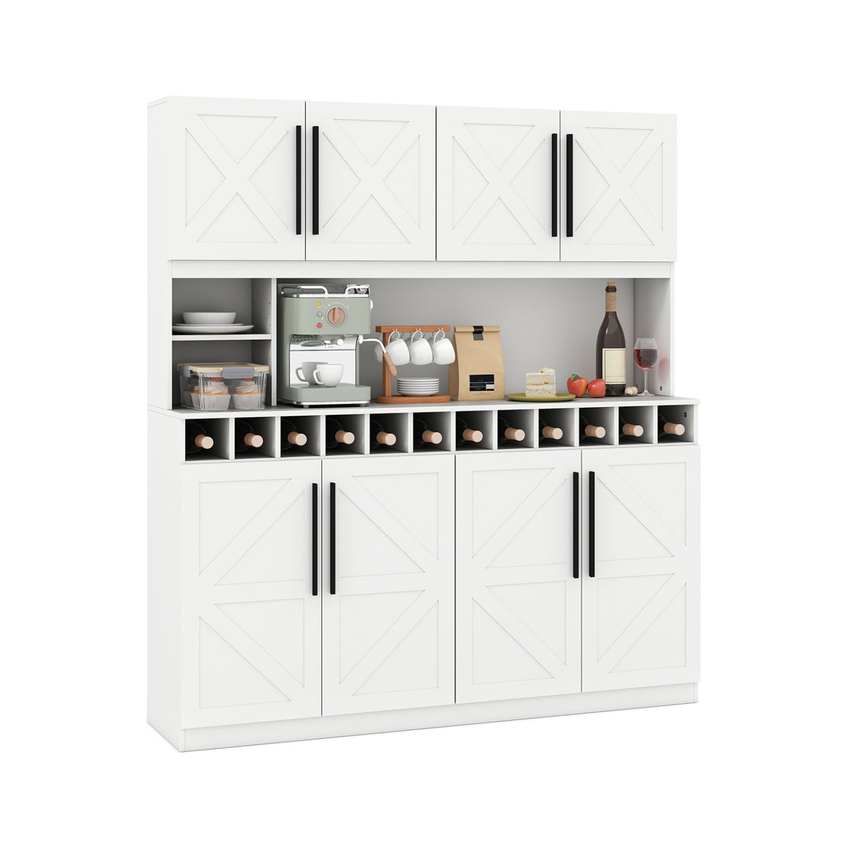70" Farmhouse Kitchen Pantry Cabinet Hutch with Wine Rack - White