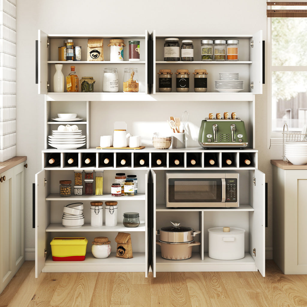 70" Farmhouse Kitchen Pantry Cabinet Hutch with Wine Rack - White