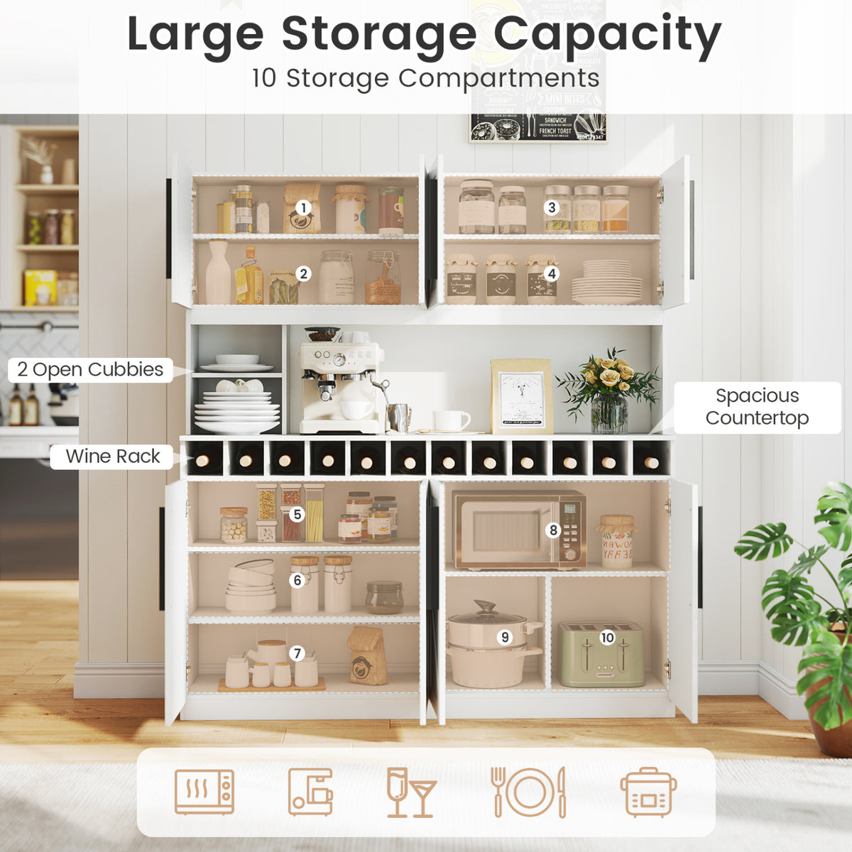 70" Farmhouse Kitchen Pantry Cabinet Hutch with Wine Rack - White