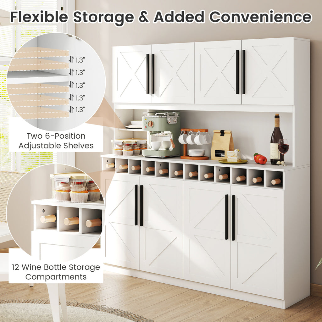 70" Farmhouse Kitchen Pantry Cabinet Hutch with Wine Rack - White