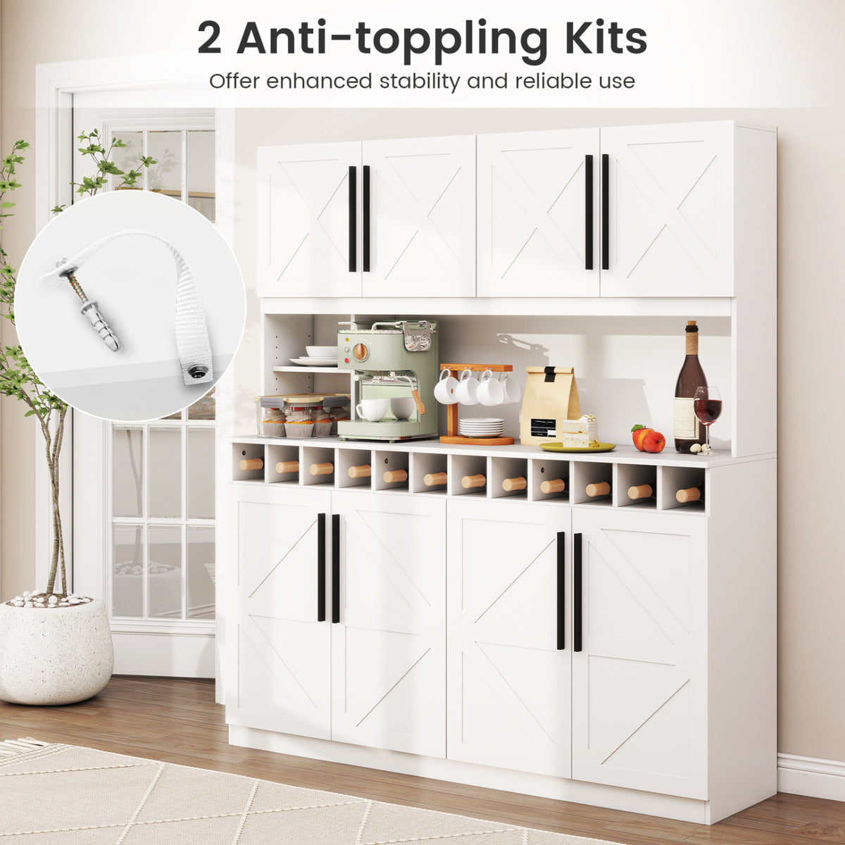 70" Farmhouse Kitchen Pantry Cabinet Hutch with Wine Rack - White