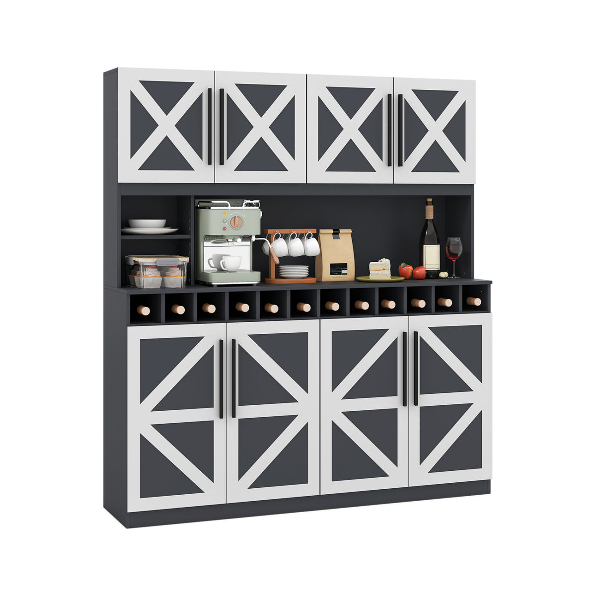 70" Farmhouse Kitchen Pantry Cabinet Hutch with Wine Rack - White