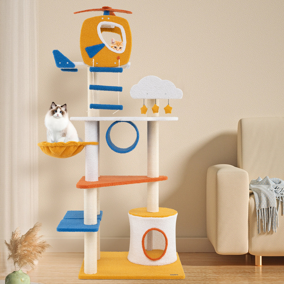 70 Inch Tall Aviation-Themed Cat Tree with Helicopter Top and Platforms - Yellow Variation