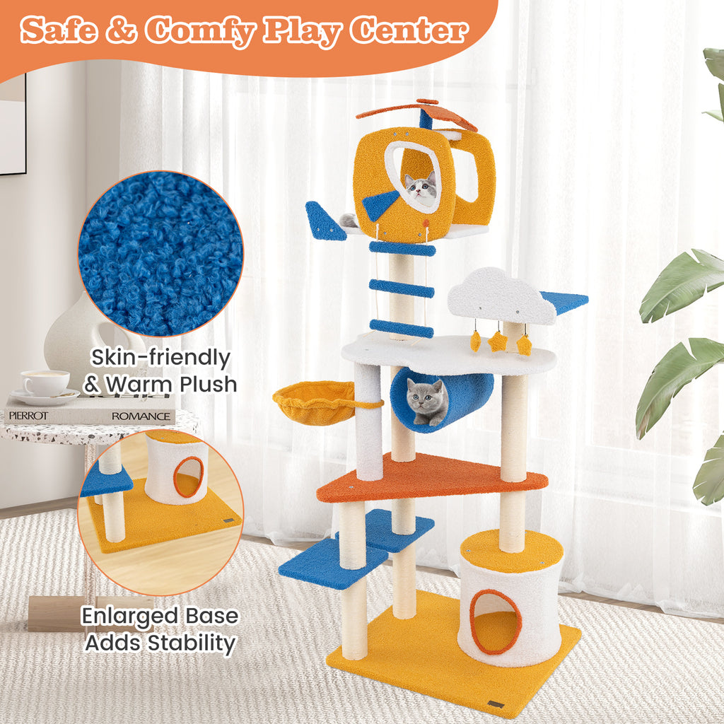 70 Inch Tall Aviation-Themed Cat Tree with Helicopter Top and Platforms - Yellow Variation