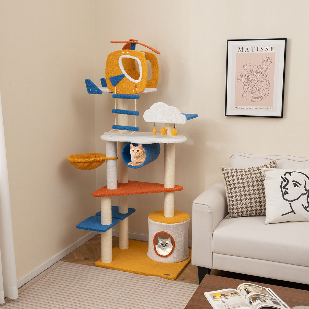 70 Inch Tall Aviation-Themed Cat Tree with Helicopter Top and Platforms - Yellow Variation