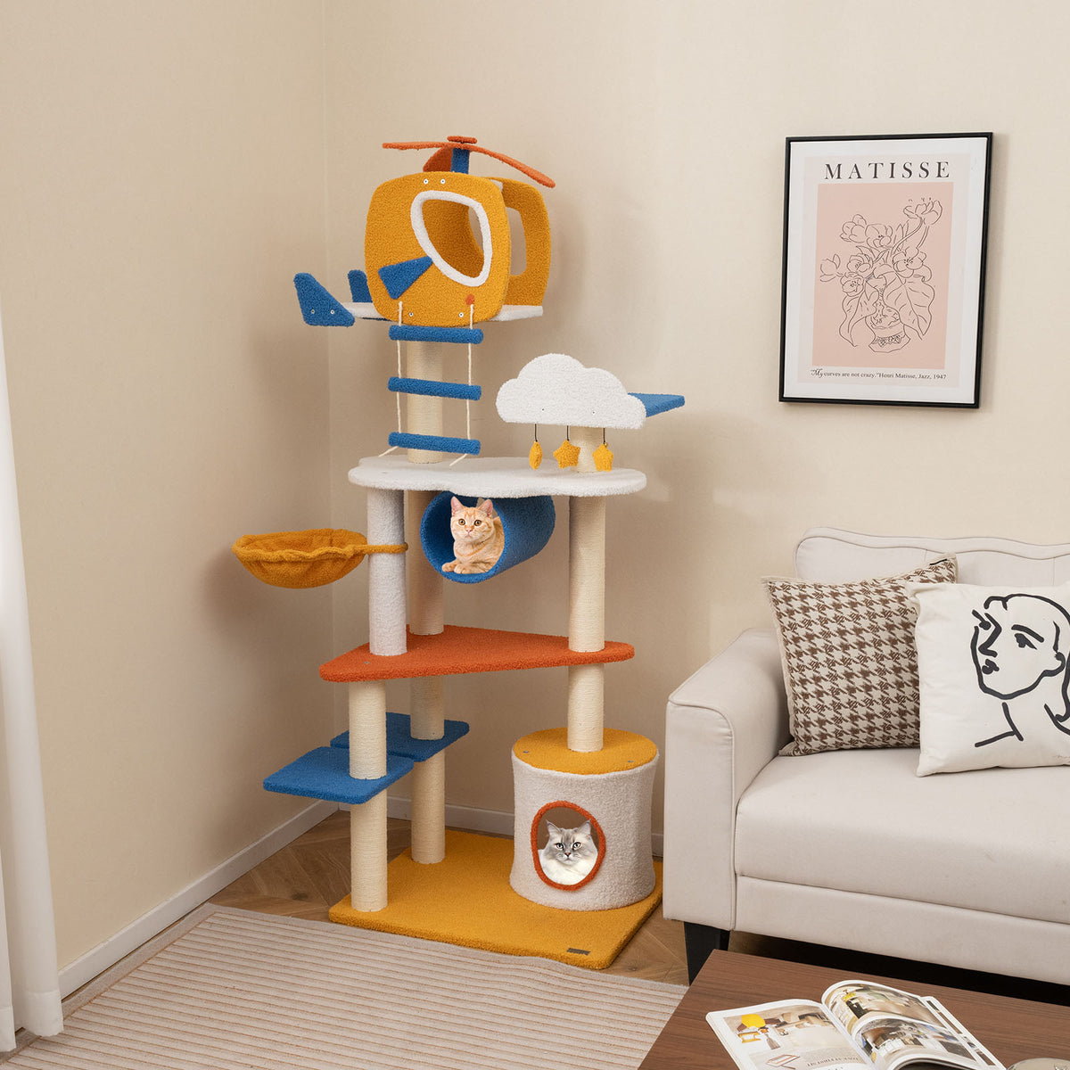 70 Inch Tall Aviation-Themed Cat Tree with Helicopter Top and Platforms - Yellow Variation