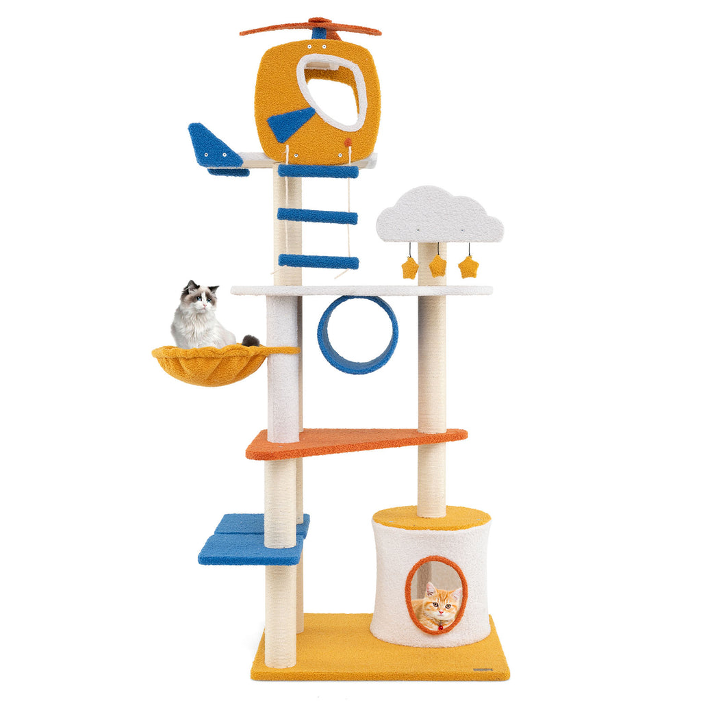 70 Inch Tall Aviation-Themed Cat Tree with Helicopter Top and Platforms - Yellow Variation
