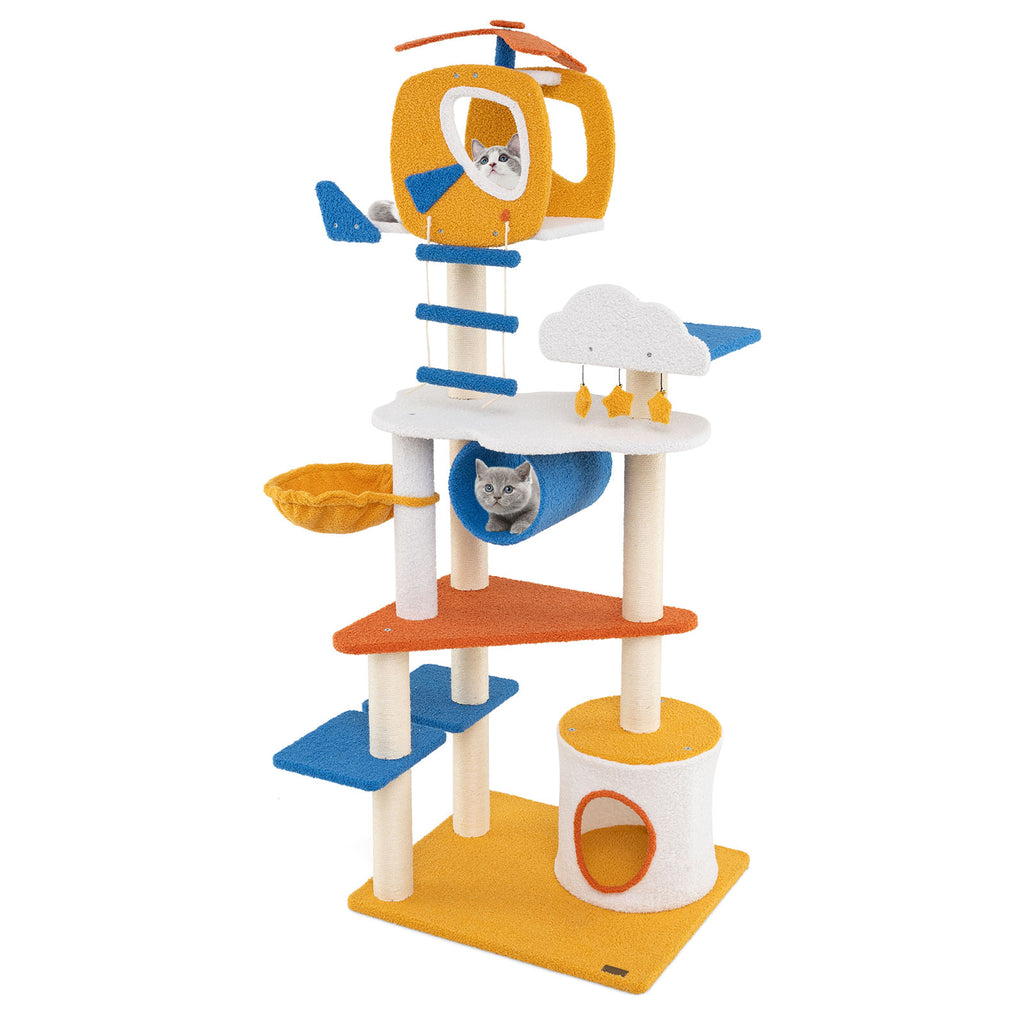 70 Inch Tall Aviation-Themed Cat Tree with Helicopter Top and Platforms - Yellow Variation