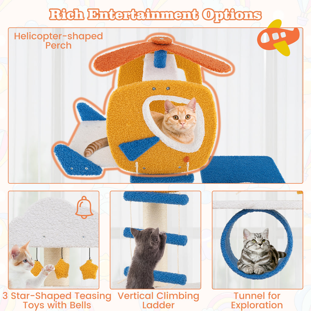 70 Inch Tall Aviation-Themed Cat Tree with Helicopter Top and Platforms - Yellow Variation