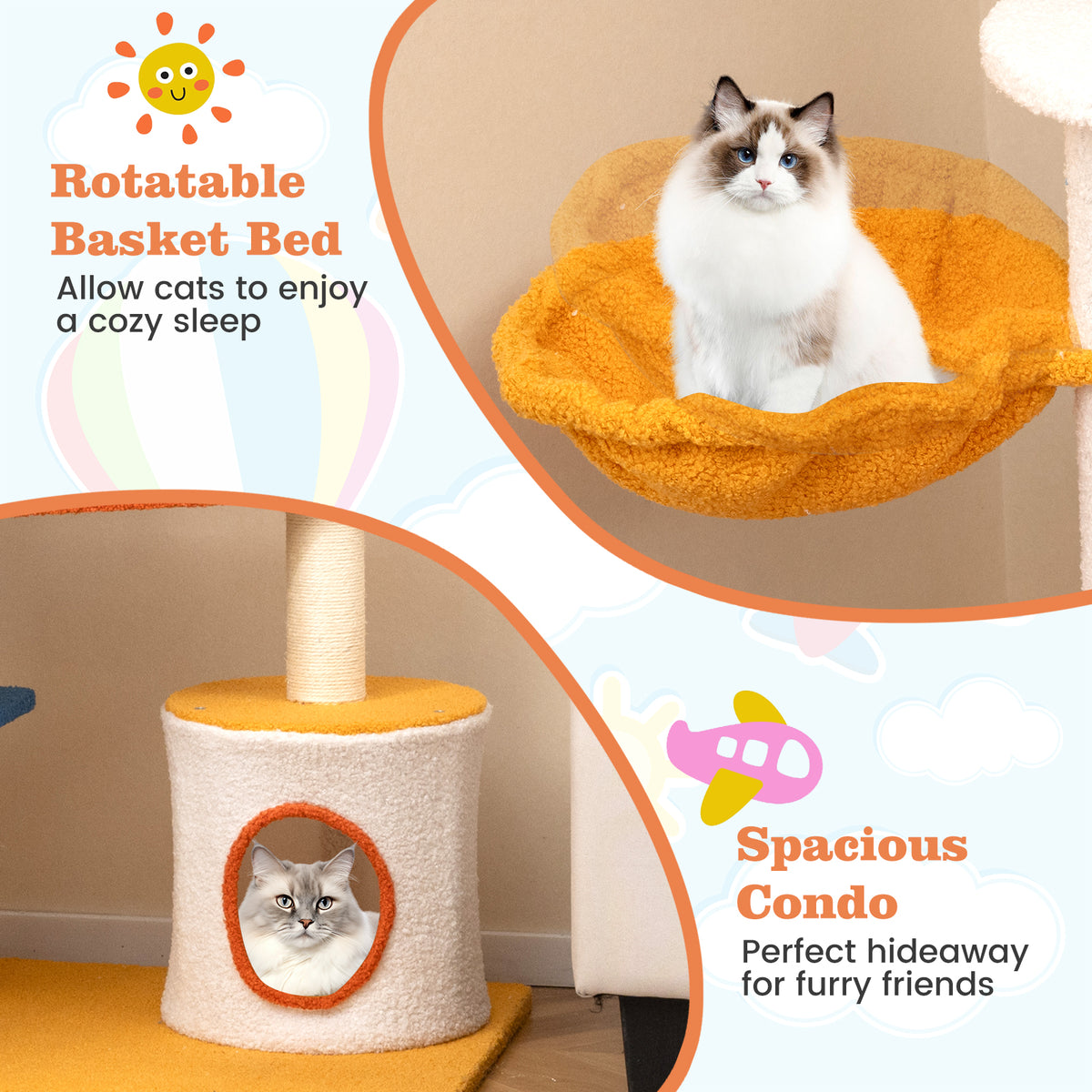 70 Inch Tall Aviation-Themed Cat Tree with Helicopter Top and Platforms - Yellow Variation