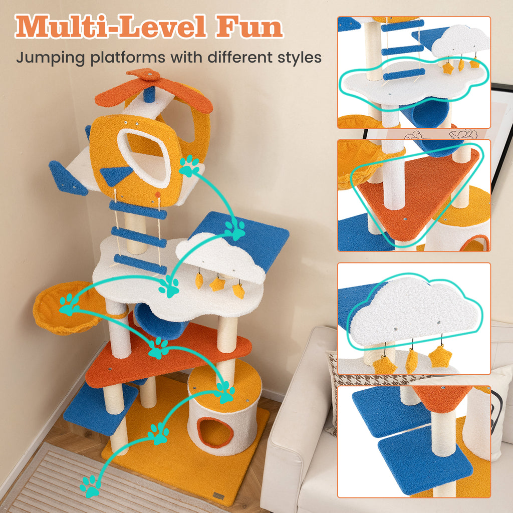 70 Inch Tall Aviation-Themed Cat Tree with Helicopter Top and Platforms - Yellow Variation