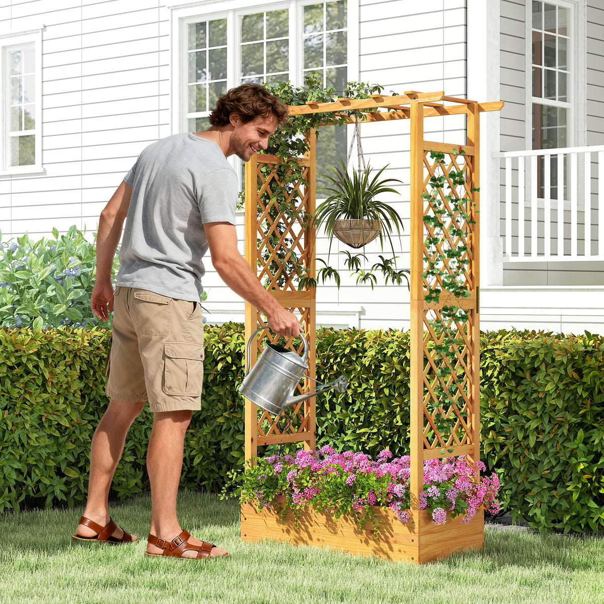 70 Inch Wooden Raised Garden Bed with Lattice Trellis - Natural