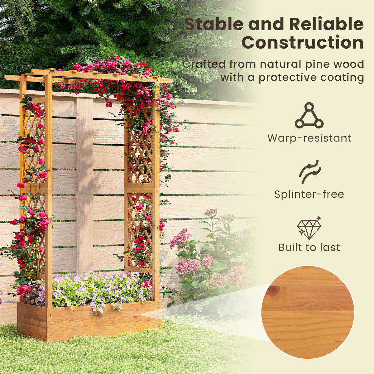 70 Inch Wooden Raised Garden Bed with Lattice Trellis - Natural