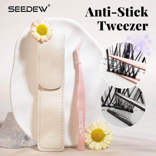 SEEDEW Tweezer P02 for DIY Lashes, Lash Application Tool, 1 PC Pointy Nano Coating Non-Stick Stainless Steel Curved Tweezer with a Protective Case, for Self-Adhesive/Pop-On Eyelash Extensions(Pink)