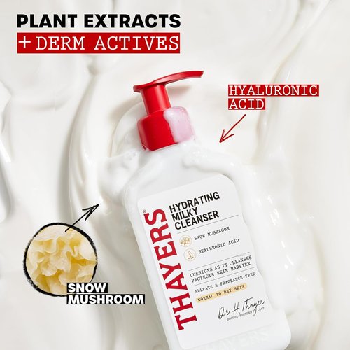 Thayers Milky Face Cleanser 8 FL Oz + Thayers Milky Toner 12 FL Oz with Snow Mushroom and Hyaluronic Acid, Dermatologist Recommended Hydrating Skincare for Dry and Sensitive Skin Bundle