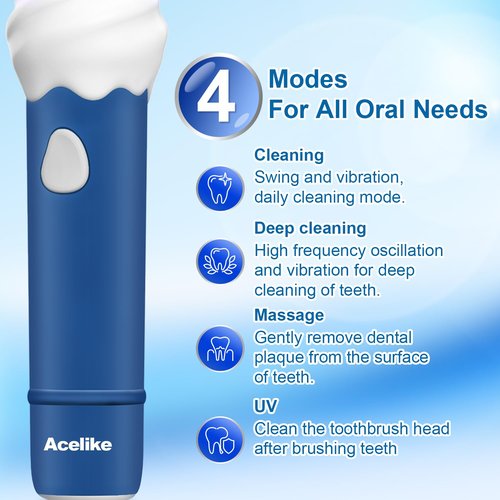 Acelike UV Self Clean Kids & Toddlers Electric Toothbrush | Improve Safe and Hygiene | Soft Bristles | Easy-Grip Silicone Handle | 4 Modes & 2-Min Timer | One Charge Last 60 Days | Age 3+ (Blue)