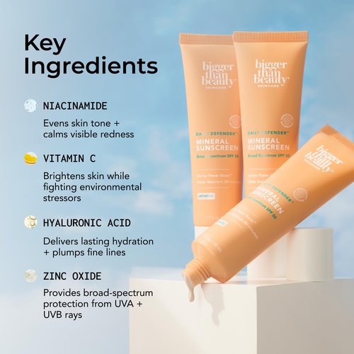 Bigger Than Beauty Skincare, Daily Defender Broad Spectrum SPF 50 Mineral Sunscreen with Hyaluronic Acid, Vitamin C & Niacinamide (as Vitamin B3), Lightweight UVA & UVB Protection, Skin Care, Untinted