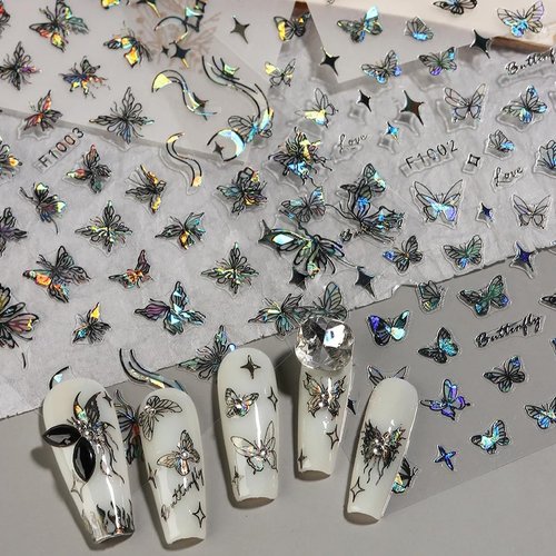 8 Sheet Black White Butterfly Nail Art Stickers 3D Butterflies Nail Decals for Women 3D Holographic Laser Butterfly Sparkly for Nail Designs Butterfly French Glitter DIY Nail Charm Manicure Decoration