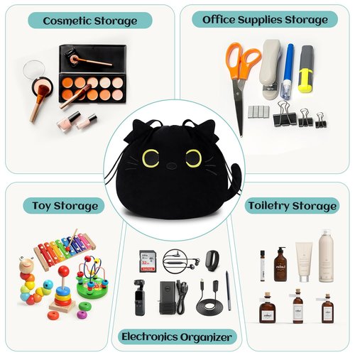Funny Cat Drawstring Makeup Bag - Large Capacity Cute Travel Toiletry Bag Cosmetic Bag Pouch Organizer - Valentines Day Mothers Easter Birthday Unique Gifts for Women Girls Cat Lovers-Black