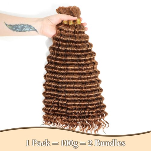 Ubinica Color 30# Auburn Brown Deep Wave Human Braiding Hair for Boho Braids 2 Bundles Total 100g 22 Inch Deep Wave Bulk Braiding Hair for Boho Braids