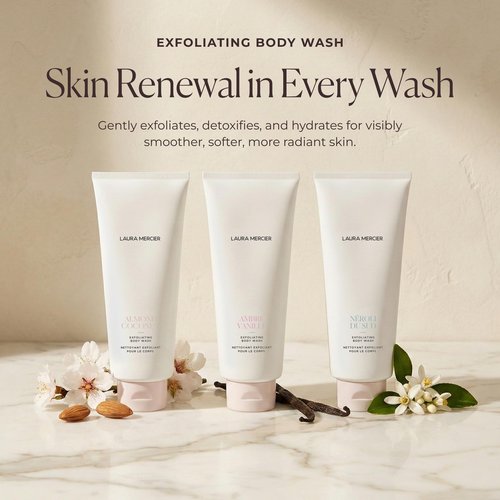 Laura Mercier Exfoliating Body Wash, Strawberry Seed and Sugar Scrub-Infused Exfoliator, Removes Impurities, Helps to Improve Uneven Skin Tone, Elasticity and Circulation, Ambre Vanille