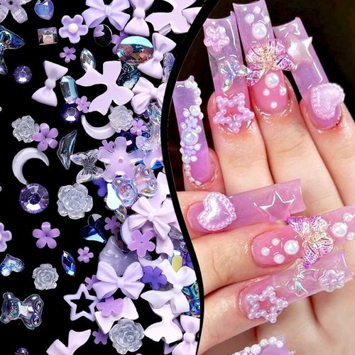 100 Pcs Purple Resin Kawaii Mixed Shape Nail Charms,Cute Bow Flower Bear Heart Nail Design Charms for Nails 3D Bowknot Camellia Moon Nail Charm for Women Nail Art Supplies Nail Accessories Nail Art