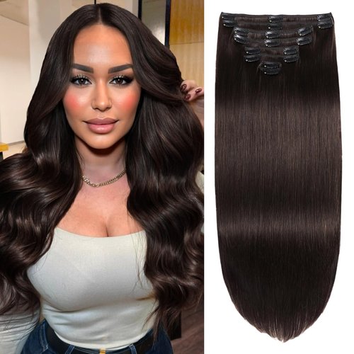 CWRDK Clip in Hair Extensions Real Human Hair,100% Brazilian Remy Human Hair Clip ins for Women, Straight Seamless Double Weft Hair Extensions, Invisible 8pcs, 14 Inch 80g, #2 Dark Brown