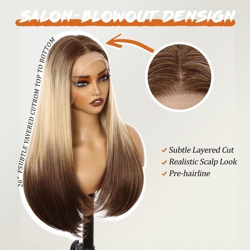Worldnewhair Blonde to Brown Ombré Siamese Cat Style Synthetic Wig 26 Inch - 13x4 HD Lace Front Wigs for Women, Pre Plucked Pre Cut Long Straight Heat Resistant Fiber Pre-styling Hair for Daily
