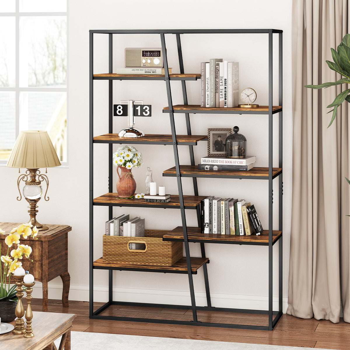 71-Inch 7-Tier Industrial Bookcase with Metal Frame - Rustic Brown