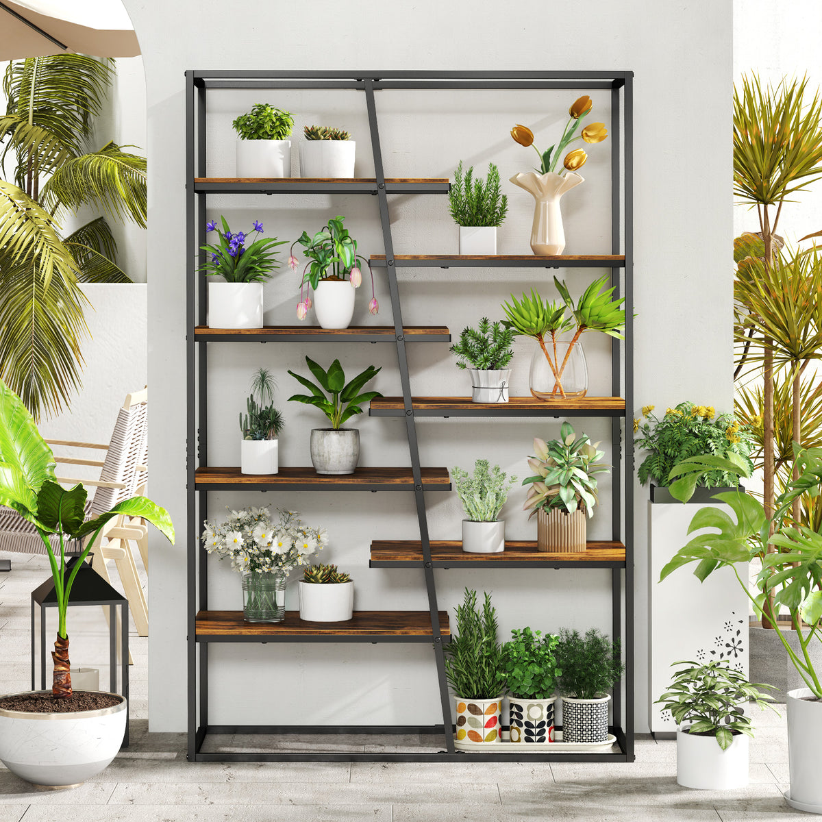 71-Inch 7-Tier Industrial Bookcase with Metal Frame - Rustic Brown
