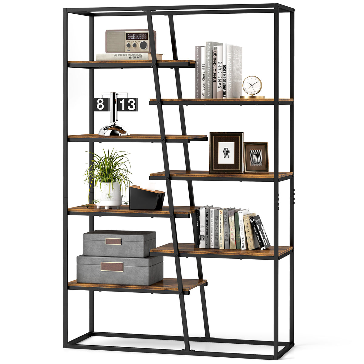 71-Inch 7-Tier Industrial Bookcase with Metal Frame - Rustic Brown