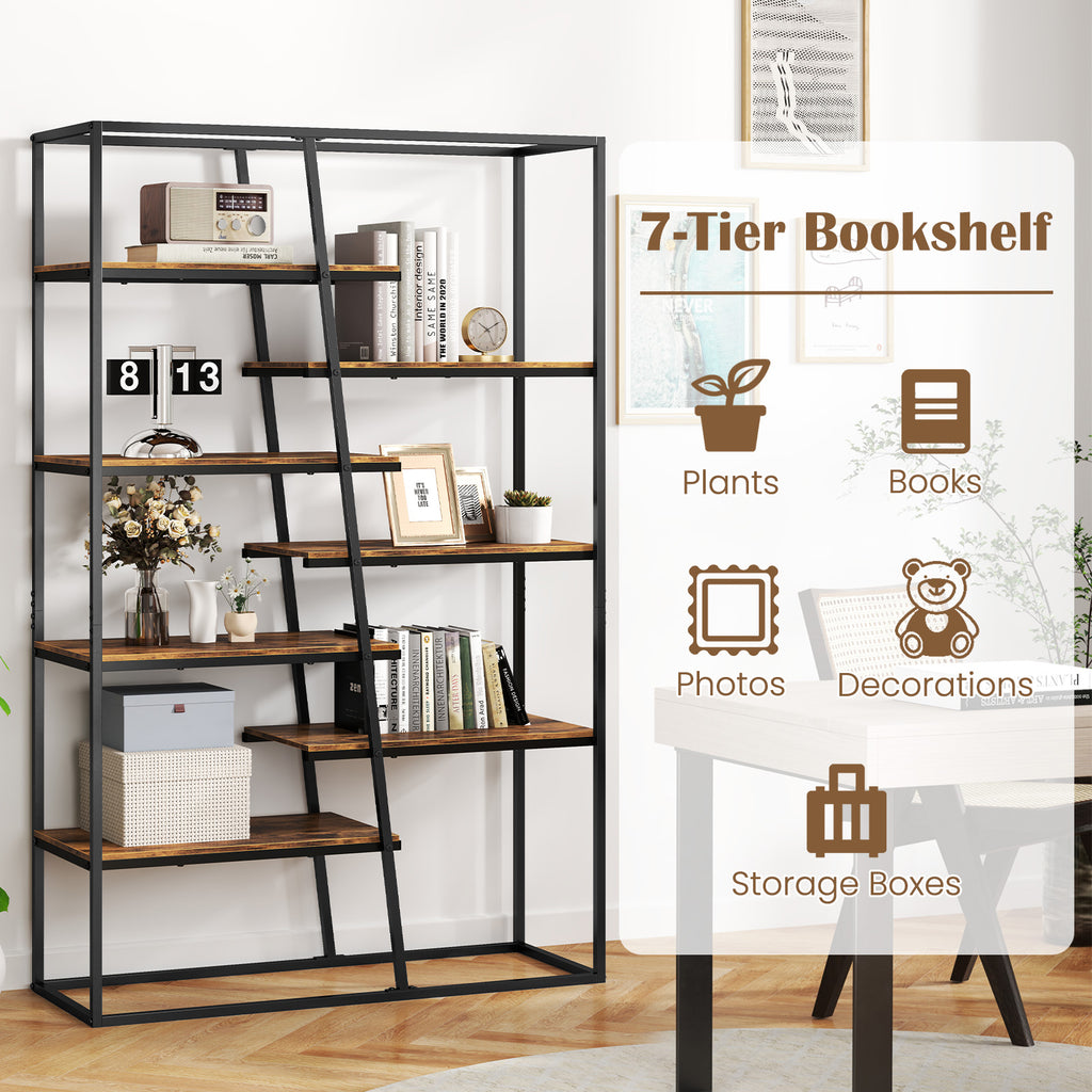 71-Inch 7-Tier Industrial Bookcase with Metal Frame - Rustic Brown