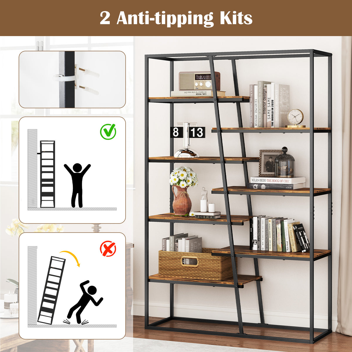 71-Inch 7-Tier Industrial Bookcase with Metal Frame - Rustic Brown
