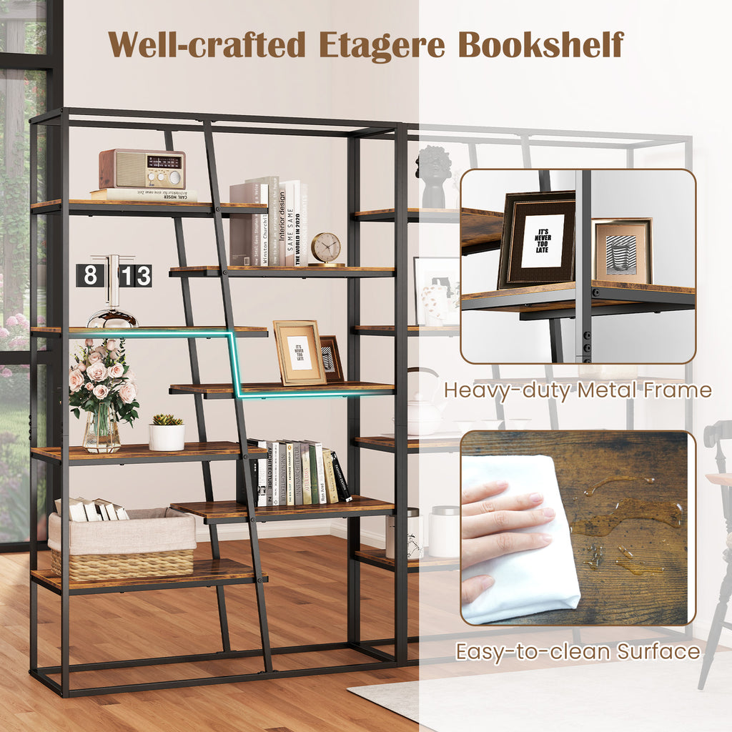 71-Inch 7-Tier Industrial Bookcase with Metal Frame - Rustic Brown