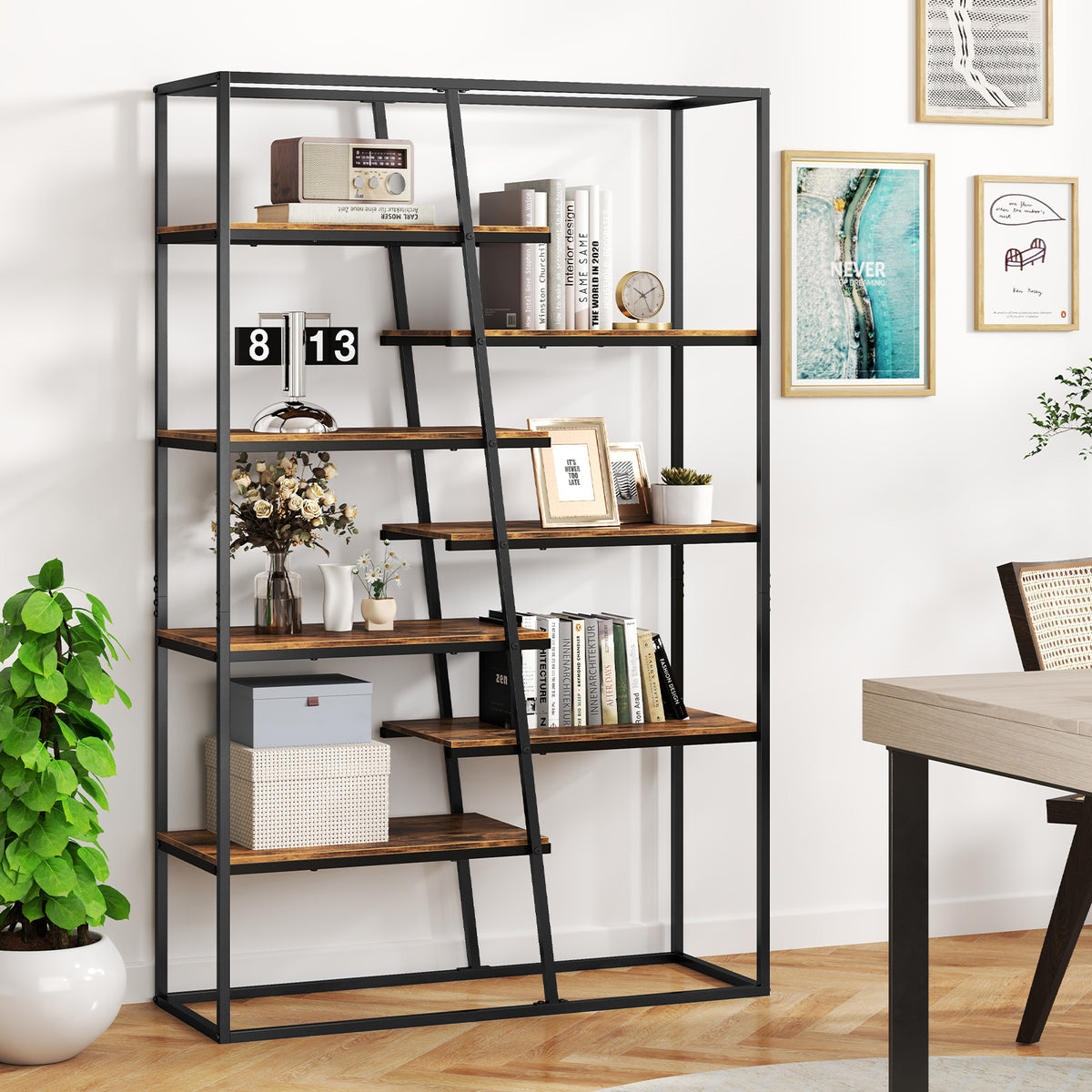 71-Inch 7-Tier Industrial Bookcase with Metal Frame - Rustic Brown