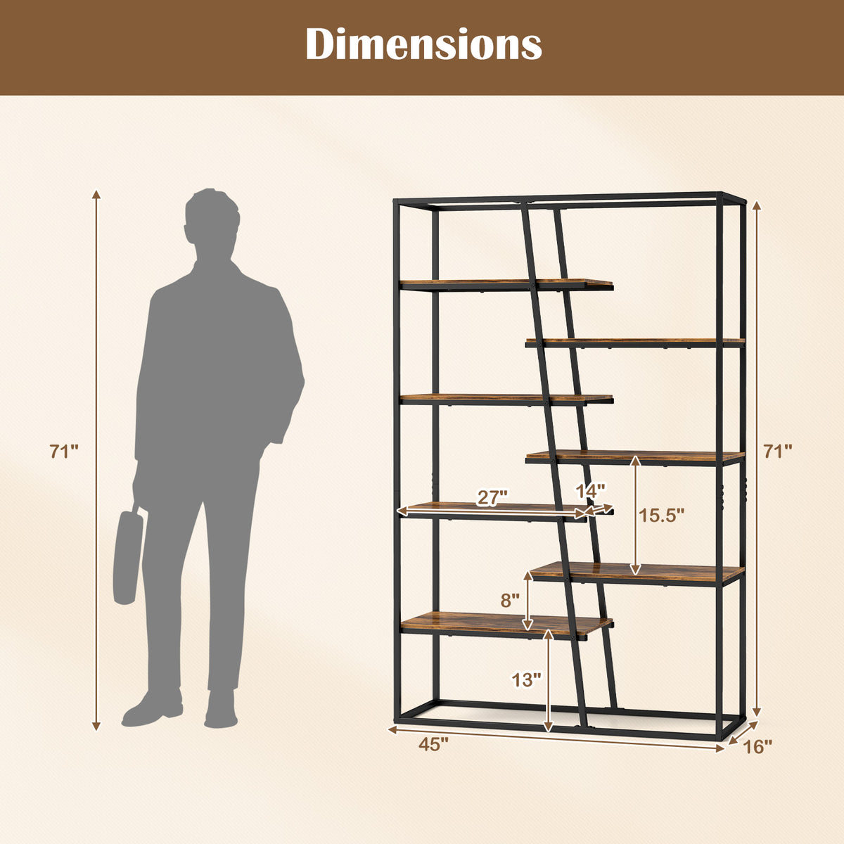71-Inch 7-Tier Industrial Etagere Bookcase with Heavy-duty Metal Frame