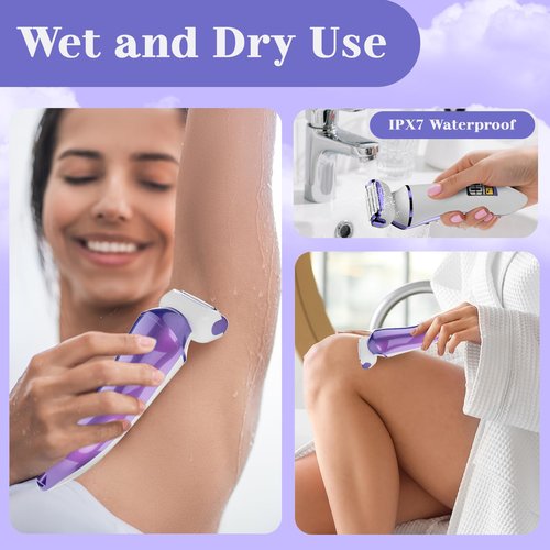 4 in 1 Electric Shaver for Women with Facial Brush, Electric Razor for Legs Underarm Pubic Hair, Bikini Trimmer IPX7 Portable Body Hair Removal, Wet & Dry Use, Rechargeable Grooming Kit, Light Purple