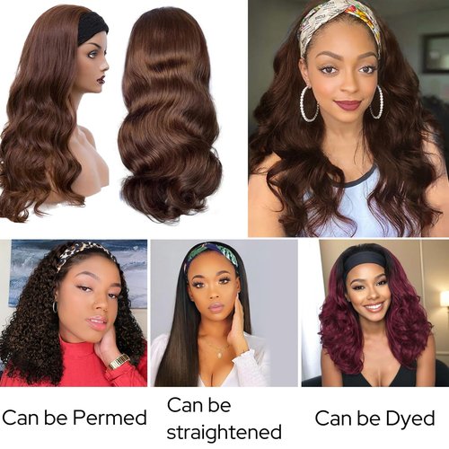 Head Band Wigs Human Hair Chocolate Brown Glueless 100% Human Hair None Lace Front Wig Virgin #4 Colored Headband Wig Human Hair 180 Density 14inch