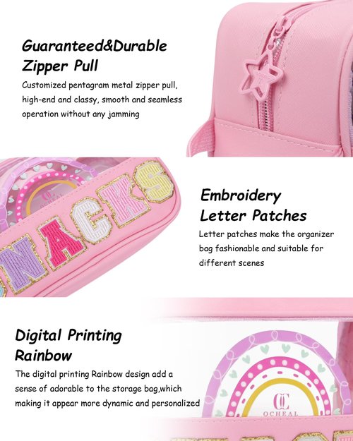 MONSTINA Snack Bag Clear Pouch Makeup Travel Toiletry Bag,Waterproof Clear Embroidery Letters Cute Digital Printing Rainbow Cosmetic Tote Bag for Women Girls,PU Leather Pink