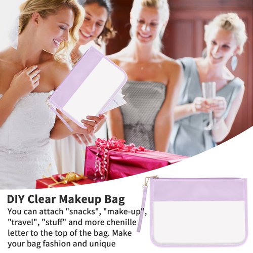 Iqimott Clear Zipper Pouch, DIY Clear Makeup Cosmetic Bag Purse for Women Girls, Chenille Letter Travel Toiletry Bag(Purple)