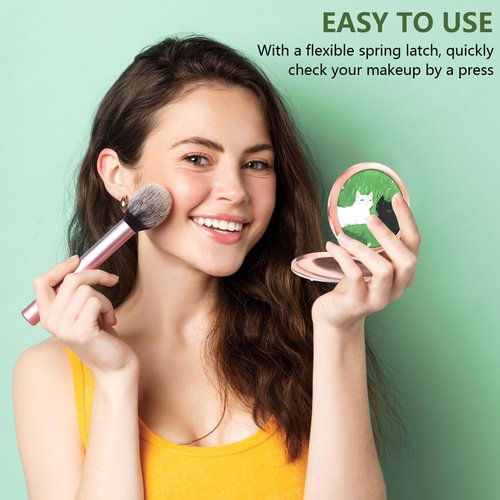 Nipichsha Compact Mirror, Pocket Travel Makeup Mirror, 2 - Sided 2X / 1X Magnification, Small Folding Portable Handheld, 2.75 in Rose Gold, Happy Cats