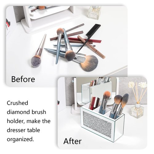 SWTHONY Silver Makeup Brush Holder Organizer, Bling 3 Slot Crushed Diamond Crystal Mirrored Cosmetic Brushes Storage, Eyeliners Eyebrow Pencil Display Case
