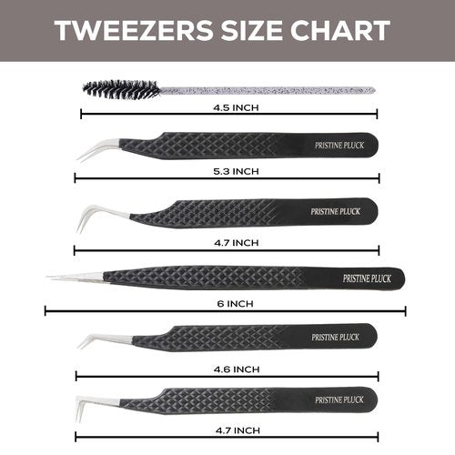 PRISTINE PLUCK 5-Piece Eyelash Extension Tweezers Set Precision Lash Tweezers with Anti-Slip Grip with fiber tip lash tweezers Tools for Lash Artists & eyelash tweezers for women (eyelash set black)