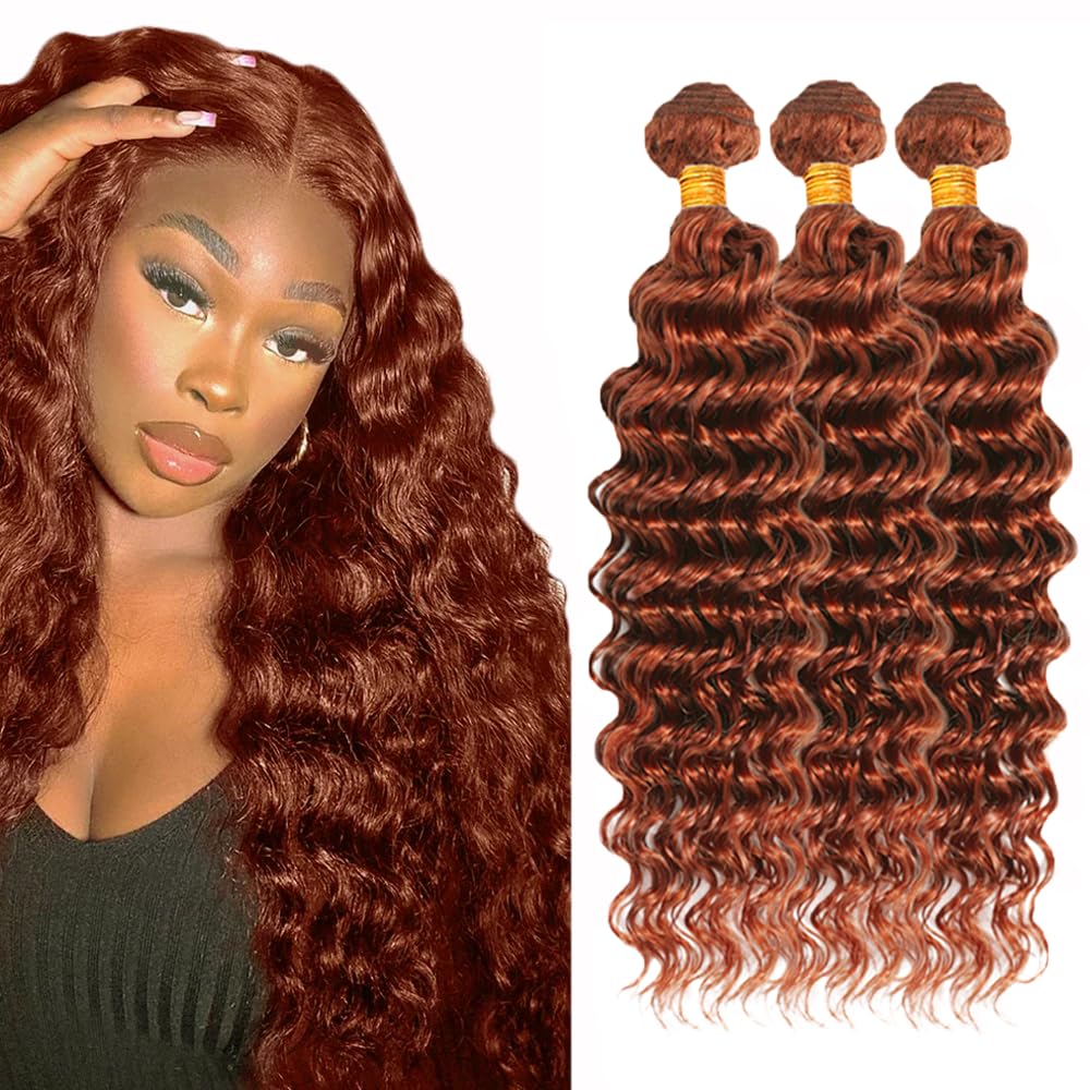 #33 Reddish Brown Bundles Human Hair Deep Wave Bundles 16 18 20 Inch Unprocessed Brazilian Virgin Hair Copper Red Deep Wave 3 Bundle Human Hair Extensions 50 Gram Per Bundle